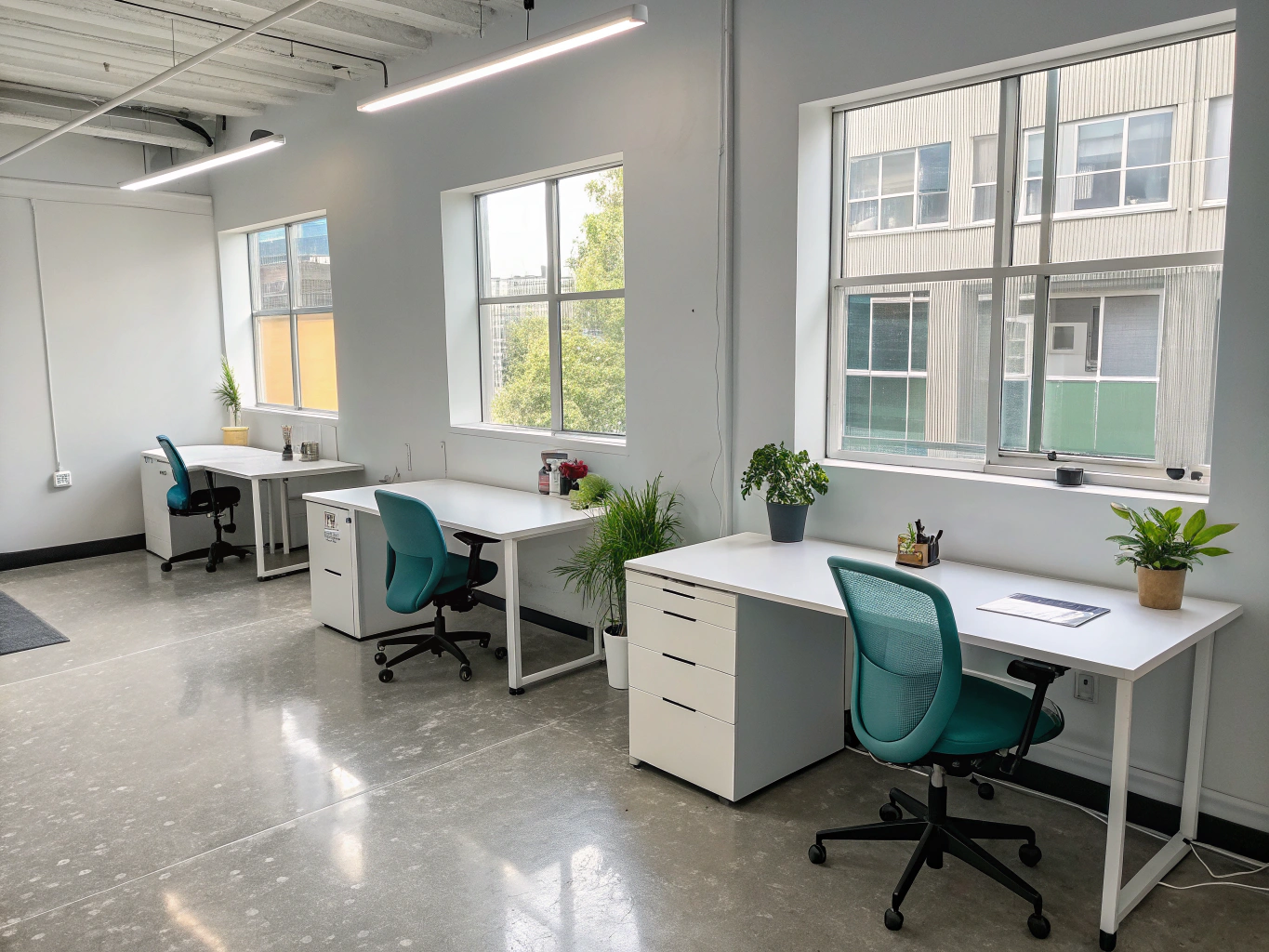Clean modern office workspace with organized desks